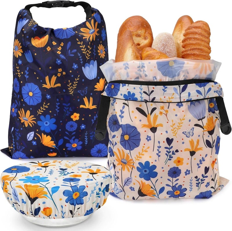 Revahope 2 Pack Reusable Bread Bags for Homemade Bread, 17"×13" Sourdough Bread Storage Bags with Bowl Cover - Keep Loaf Fresh and Easy to Wash(Blue-Yellow Floral) - Image 1